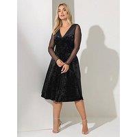 Yours Curve Mesh Sleeve Velvet Dress - Black