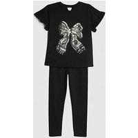 River Island Older Girls Sequin Bow Top And Leggings Set - Black