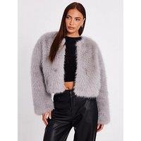 Quiz Grey Collarless Faux Fur Jacket