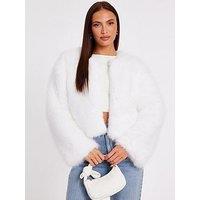 Quiz White Collarless Faux Fur Jacket