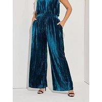 Yours Curve Crushed Velour Wide Leg Trouser - Blue