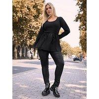 Yours Curve Long Sleeve Ribbed Mixed Peplum Top - Black