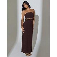 South Beach Crinkle Bead Detail Waist Bandeau Maxi Dress - Brown