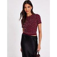 Quiz Dark Red Knit Embellished Crop Top