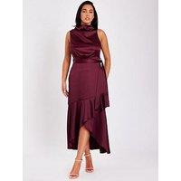 Quiz Dark Red Satin Dip Hem Midaxi Dress
