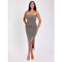 Quiz Khaki Strapless Buckle Detail Midaxi Dress