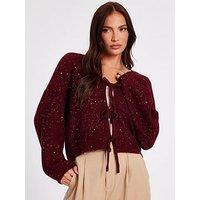 Quiz Dark Red Sequin Tie Front Cardigan