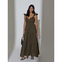 South Beach Frill Sleeve Tiered Maxi Dress - Khaki