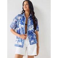 South Beach Leopard Printed Short Sleeve Shirt- Blue