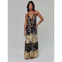 South Beach Printed Halterneck Low Back Tiered Maxi Dress - Multi