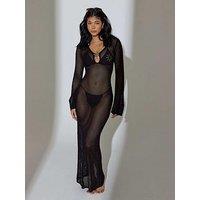South Beach Knitted Flared Sleeve Celestrial Sun Maxi Kaftan - Black