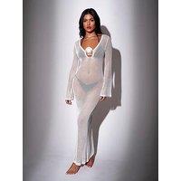 South Beach Knitted Flared Sleeve Shell Detail Maxi Kaftan - White