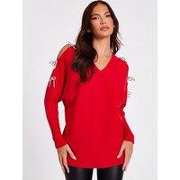 Quiz Red Diamante Bow Sleeve Jumper