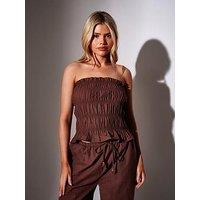 South Beach Shirred Ruffle Top With Beaded Detail - Brown