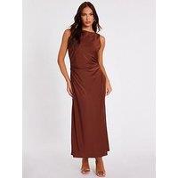 Quiz Brown Satin Ruched Midi Dress