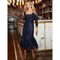Sosandar Sequin Square Neck Midi Dress Blue