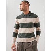 Mango Long Sleeve Knitted Stripe Polo Shirt - Dark Green