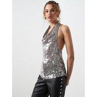 Mango Sequin Halter Neck Top - Silver