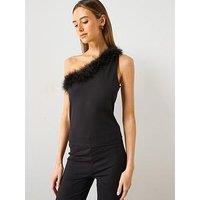 Mango Feather Detail One Shoulder Top - Black