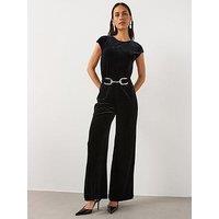 Mango Velvet Wide Leg Belted Jumpsuit - Black