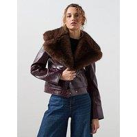 Mango Faux Fur Collar Biker Jacket - Dark Red
