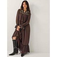Monsoon Nova Embroidered Yoke Dress - Brown
