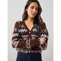 The Very Collection V Neck Fairisle Knitted Cardigan - Chocolate