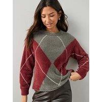 The Very Collection Crew Neck Argyle Knitted Jumper - Grey/Burgundy