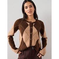 The Very Collection Crew Neck Argyle Knitted Cardigan - Chocolate