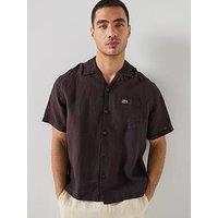 Lacoste Lacoste Open Collar Linen Short Sleeve Relaxed Shirt - Brown