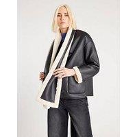 River Island Scarf Detail Shearling Jacket - Black