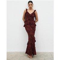Pretty Lavish Helena Ruffle Jacquard Maxi Dress - Mahogany