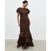 Pretty Lavish Ester Ruffle Jacquard Maxi Dress - Brown