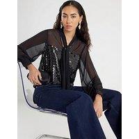 River Island Sequin Mix Pussybow Top - Black