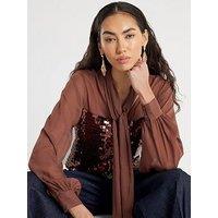 River Island Sequin Mix Pussybow Top - Brown