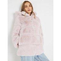 River Island Panelled Hooded Fur Coat - Pink