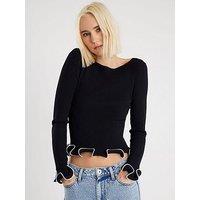 River Island Scallop Detail Long Sleeve Top - Black