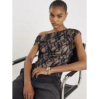 River Island Short Lace Drape Top - Black