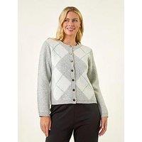 Roman Petite Argyle Buttoned Knit Cardigan - Grey