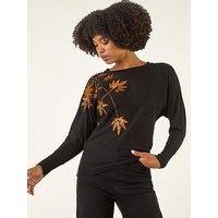 Roman Sequin Floral Embroidered Knit Jumper - Black