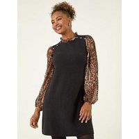 Roman Animal Print Frill Knitted Dress - Tan
