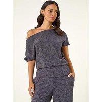 Roman Dusk Metallic Drape Side Top - Navy