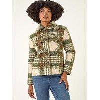 Roman Check Print Button Borg Jacket - Green