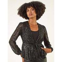 Roman Sequin Tie Front Stretch Top - Black