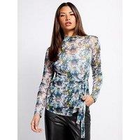 Little Mistress Printed Mesh Draped Top- Multi