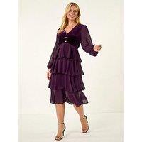 Roman Petite Velvet Tiered Midi Stretch Dress - Plum