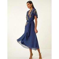 Roman Premium Beaded Wrap Midi Dress - Midnight Blue