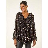 Roman Foil Heart Print Frill Front Blouse - Rose