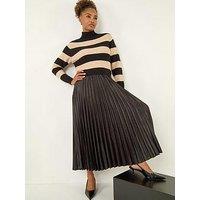 Roman Stripe Knit Bodice Pleated Skirt Dress - Black