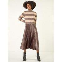 Roman Stripe Knit Bodice Pleated Skirt Dress - Tan
